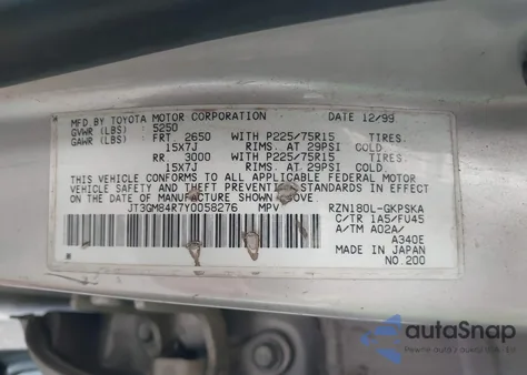 2000 Toyota 4Runner z USA, uszkodzony, nr VIN JT3GM84R7Y0058276